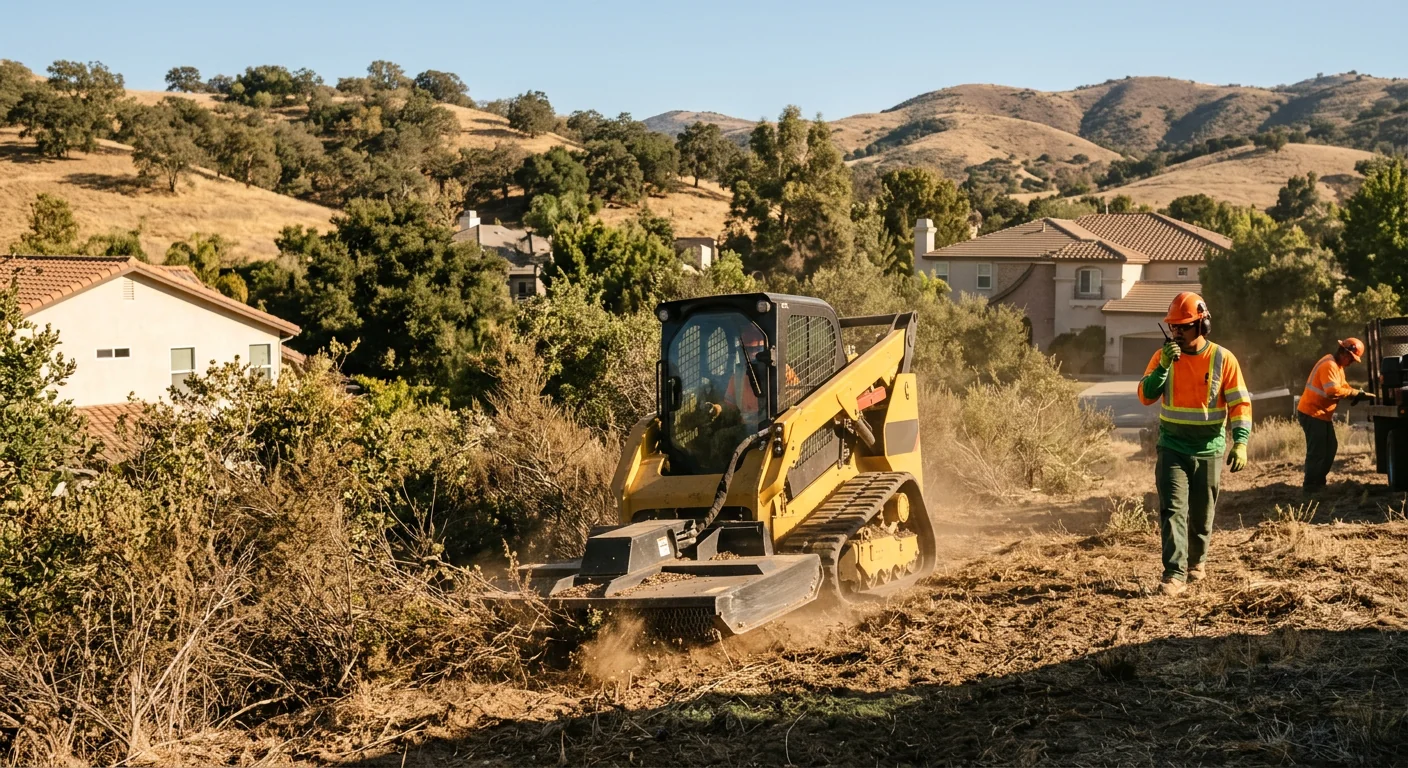 Skid steer clearing dense brush from a sloped Thousand Oaks lot