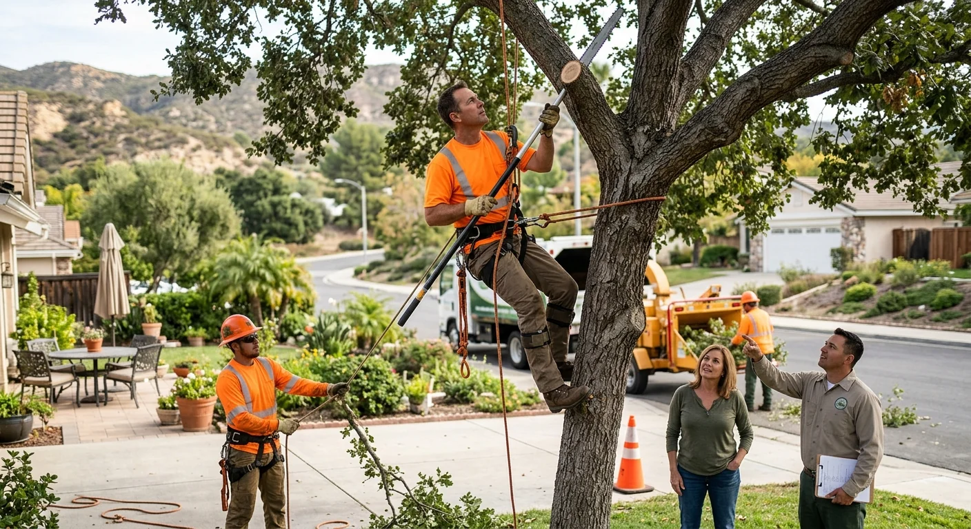 Arborist assessing storm-damaged tree removal costs beside a Thousand Oaks home