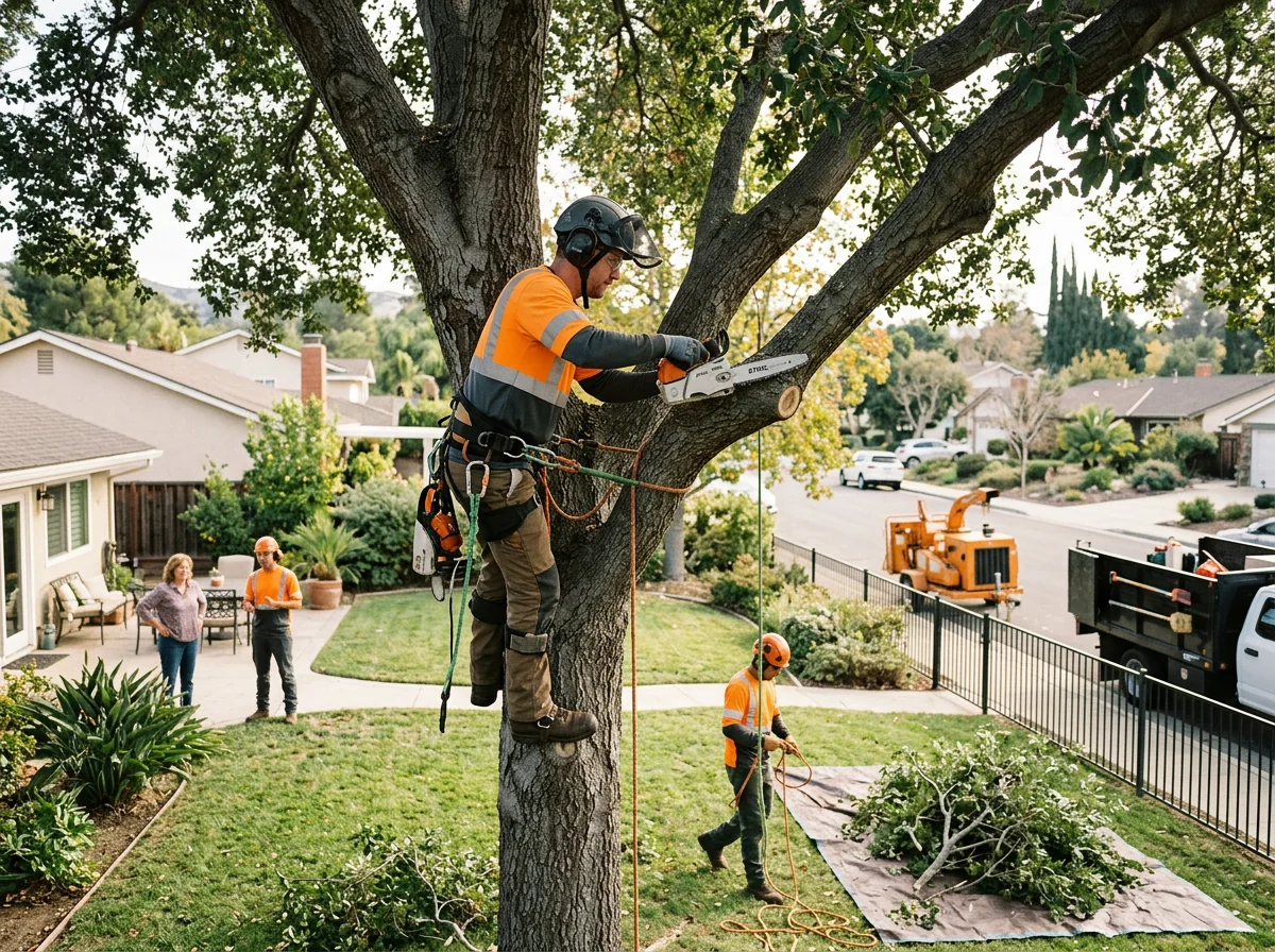 Worker hauling storm debris from a Thousand Oaks property driveway