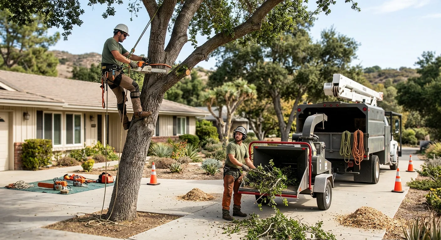 Crew clearing storm-damaged tree limbs from a Thousand Oaks residential yard