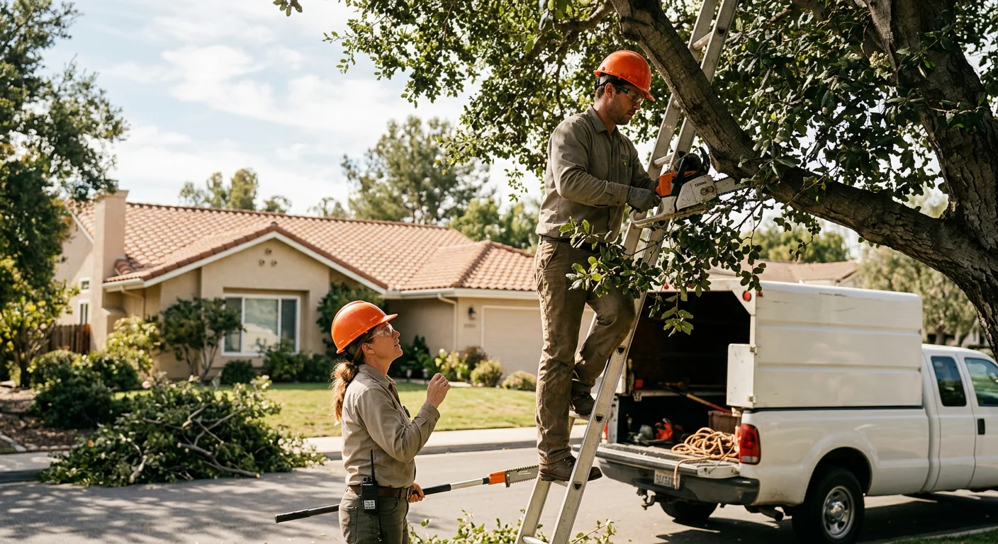 Crew clearing storm-damaged oak limbs from a residential yard in Thousand Oaks