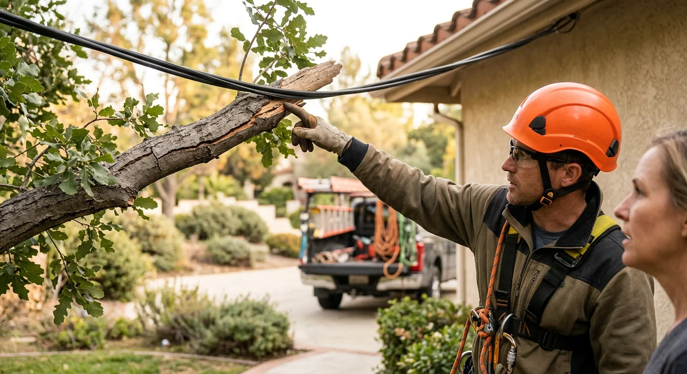 Arborist assessing a leaning storm-damaged tree near a home
