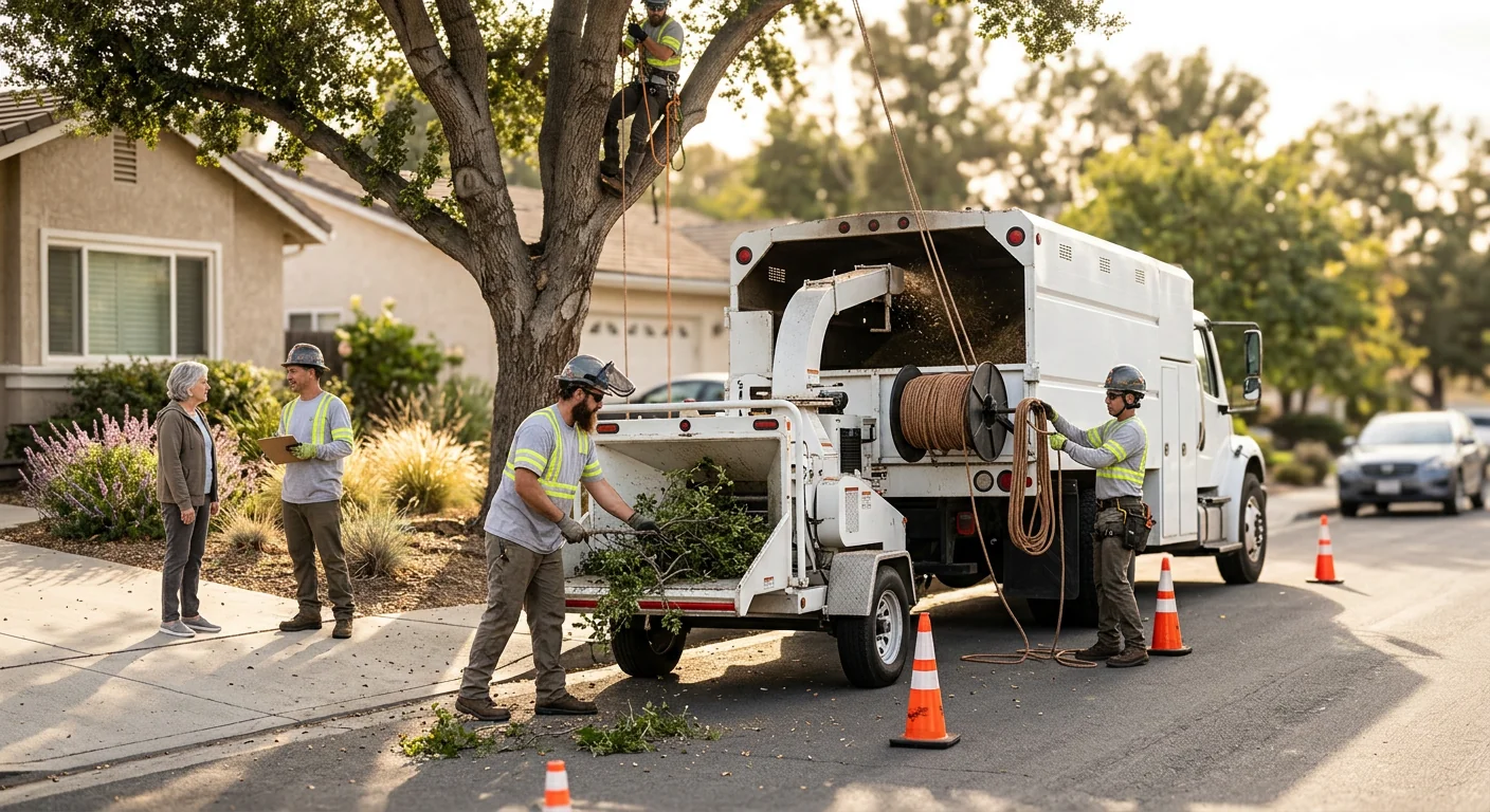 Crew clearing fallen storm-damaged branches from a residential yard after high winds
