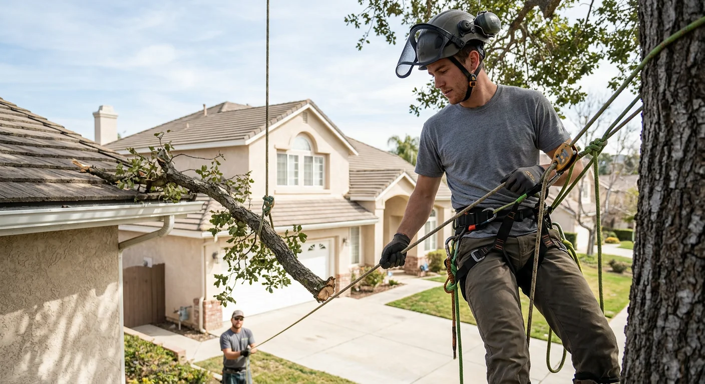 Arborist using rigging lines to lower a broken branch section near a rooftop