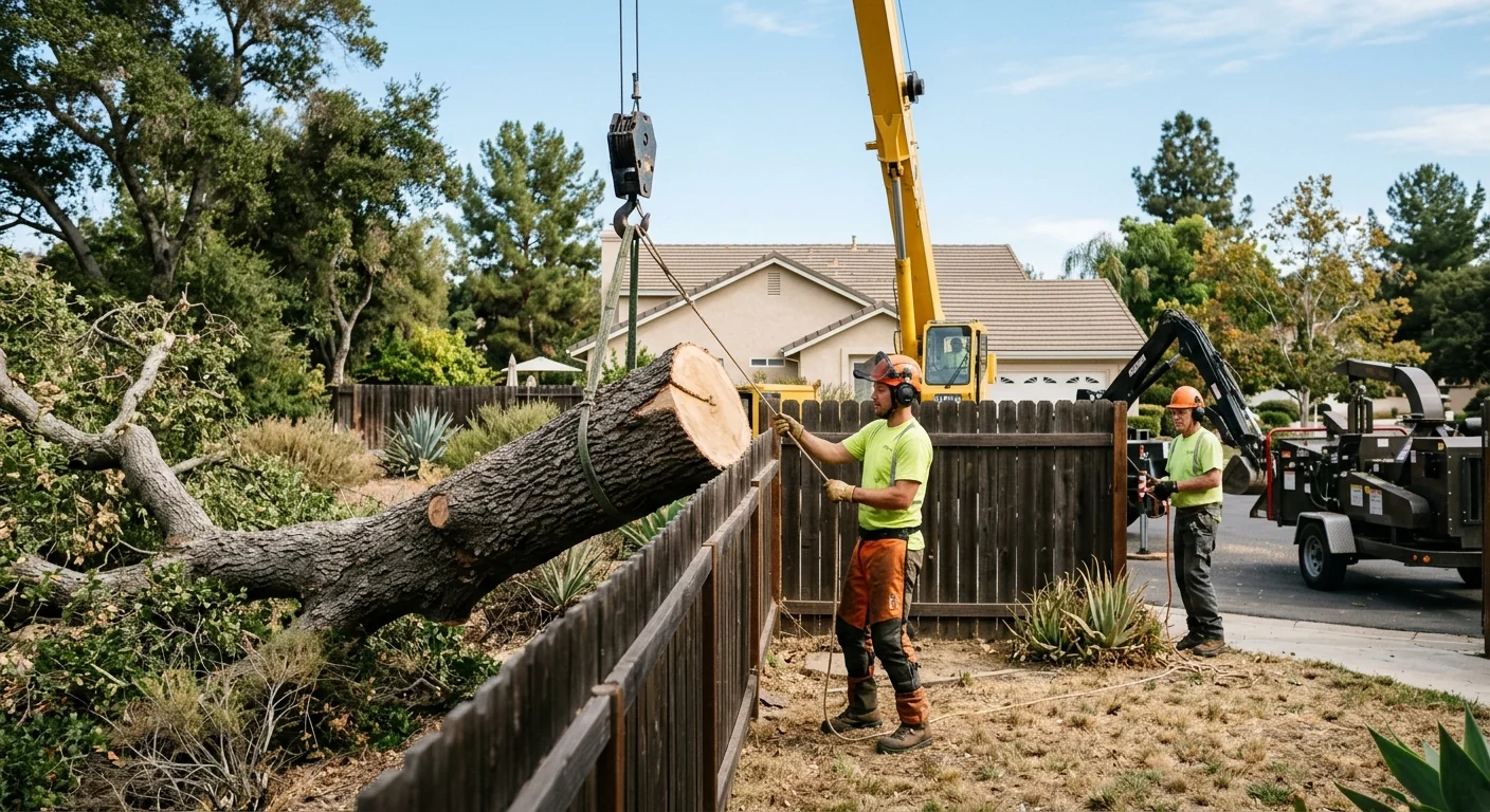 Crane-assisted removal of a large fallen tree section beside a backyard fence