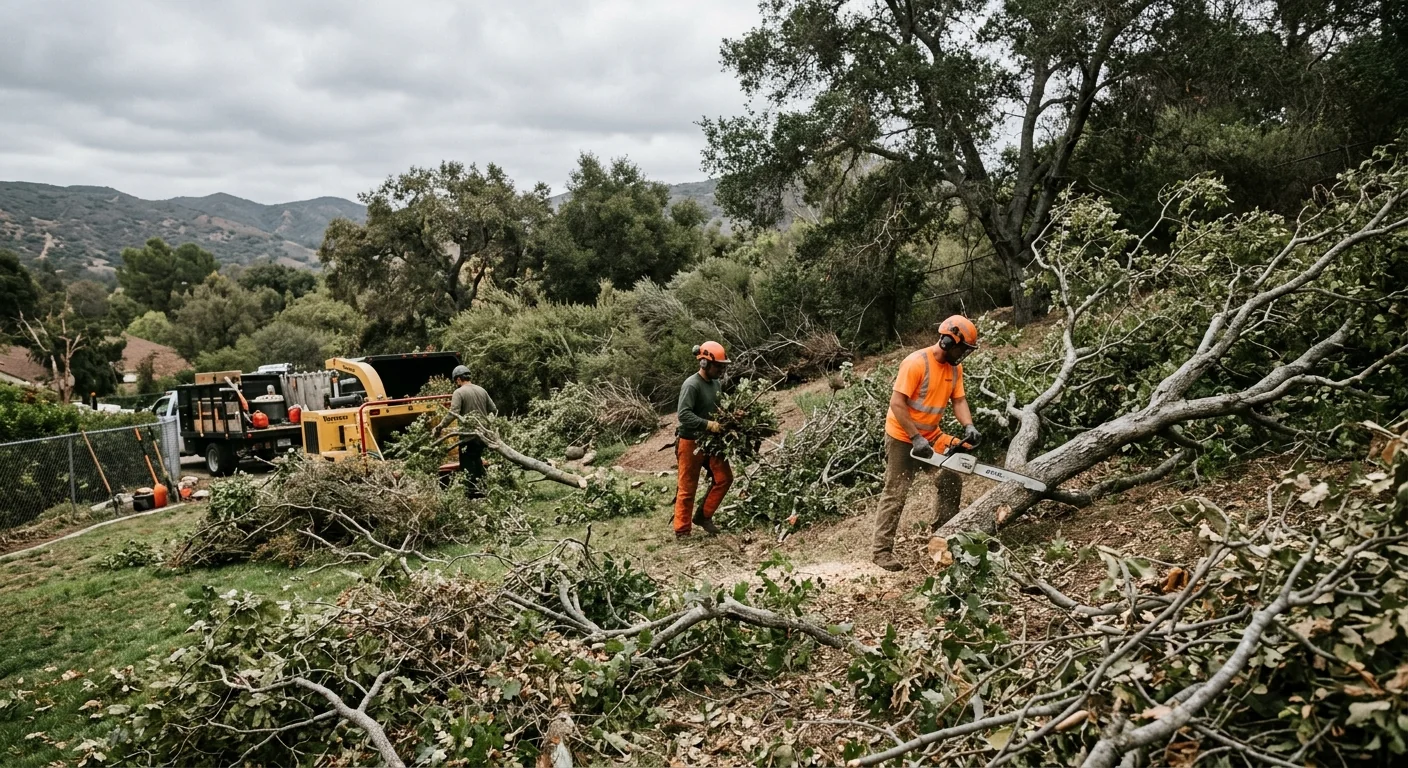 Wide shot of a hillside yard cluttered with storm-downed brush before cleanup