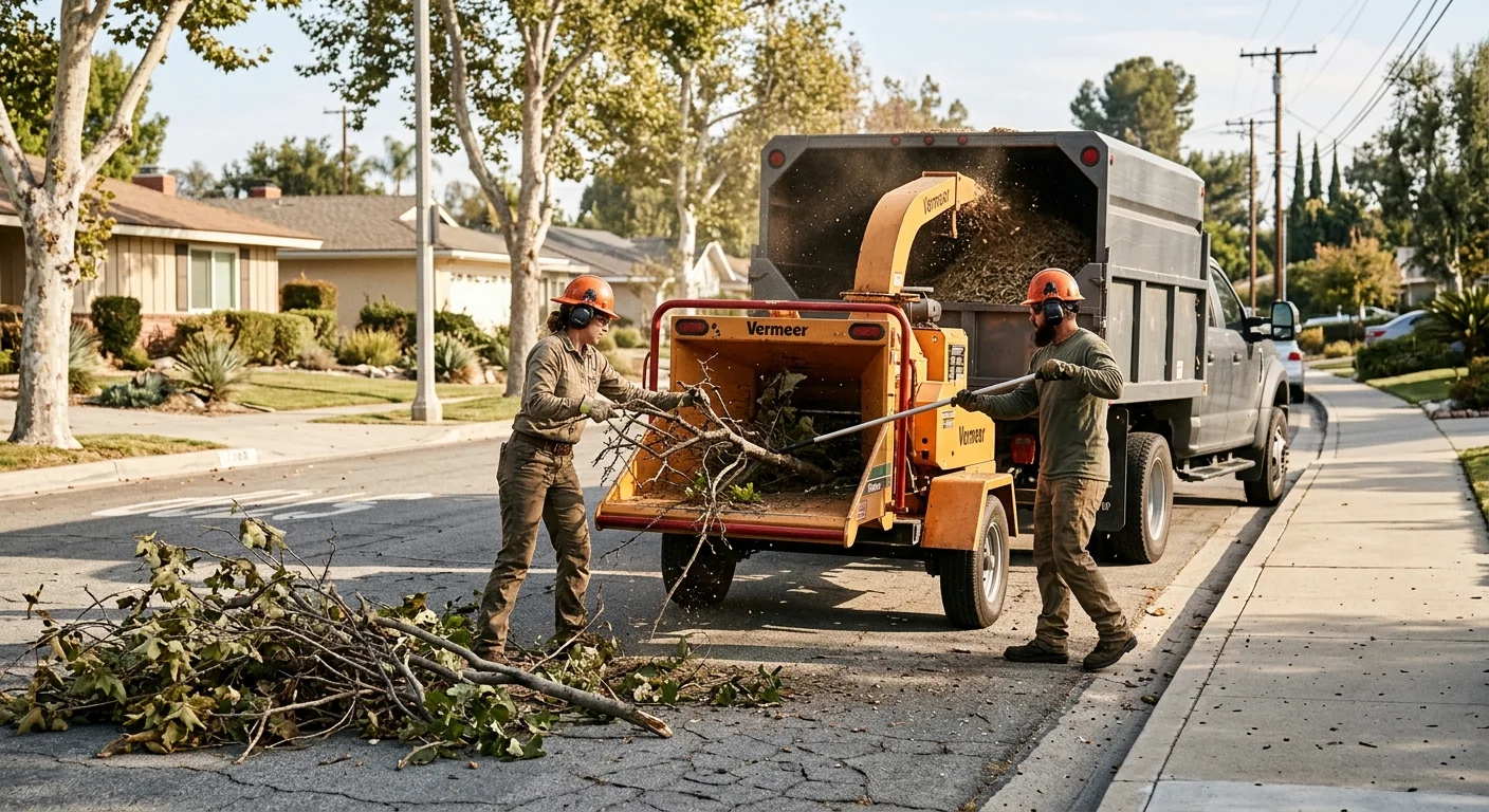 Wood chipper processing storm debris into mulch on a suburban street