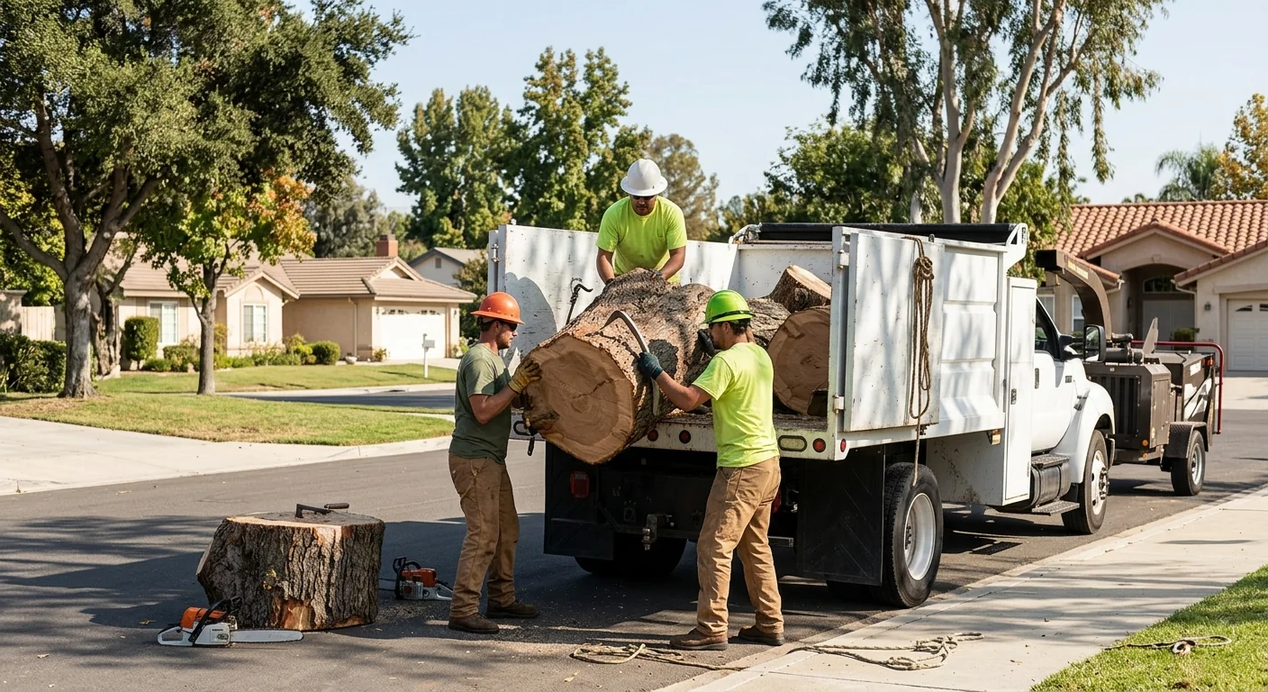 Crew loading cut trunk sections onto a truck during neighborhood cleanup