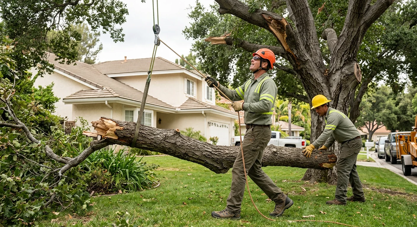 Storm-damaged tree limbs being lowered carefully near a Thousand Oaks home