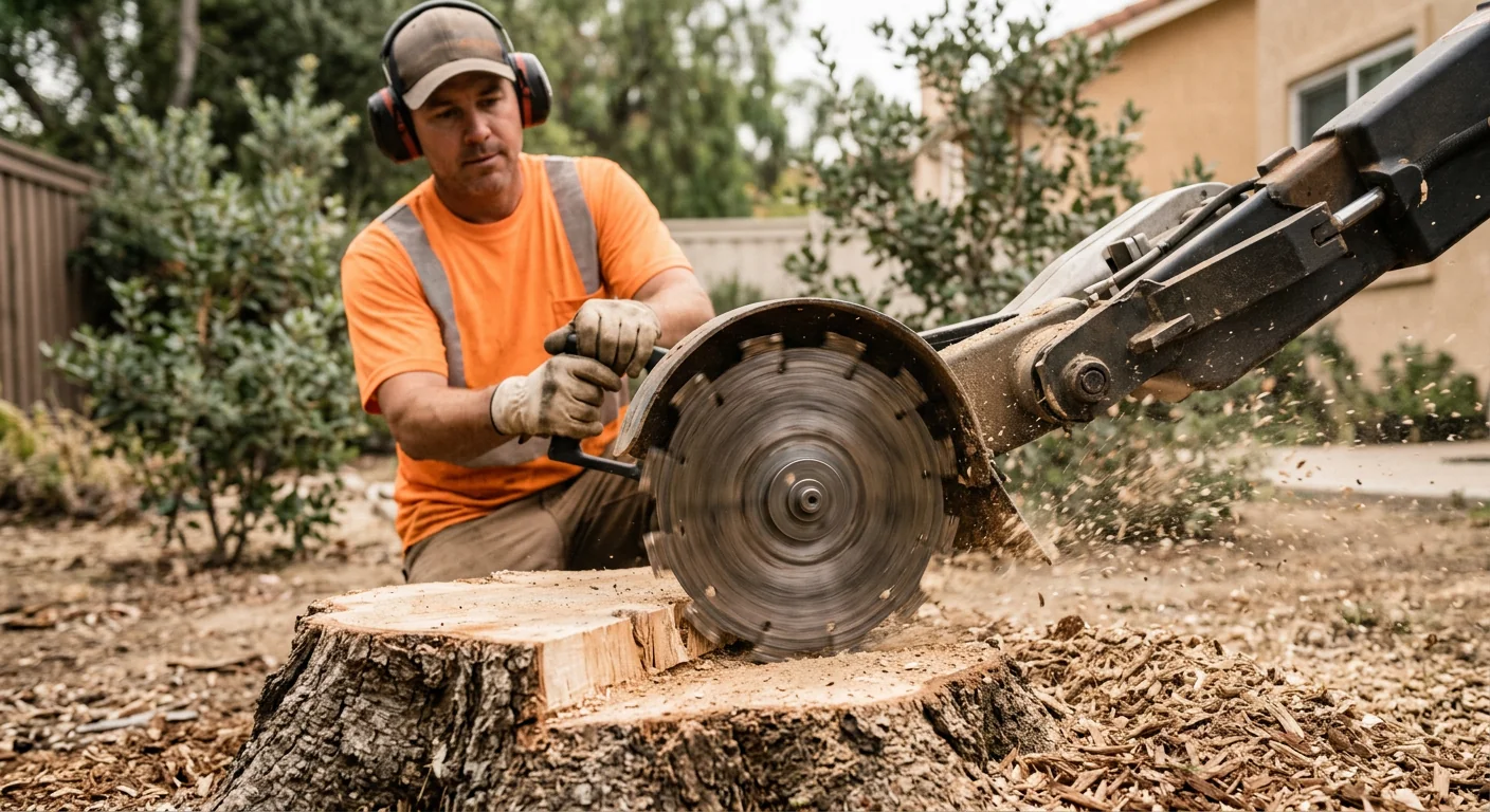 Close-up of a stump grinder cutting wheel shaving down an oak stump in a backyard