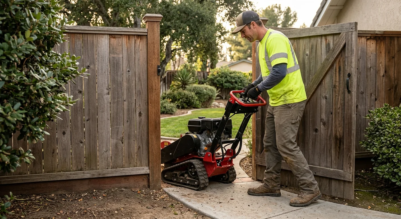 Compact stump grinder passing through a narrow side gate toward a backyard job