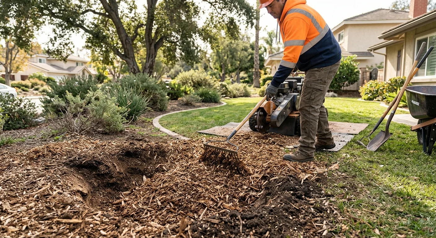 Fresh grinding chips filling a hole where a tree stump used to sit