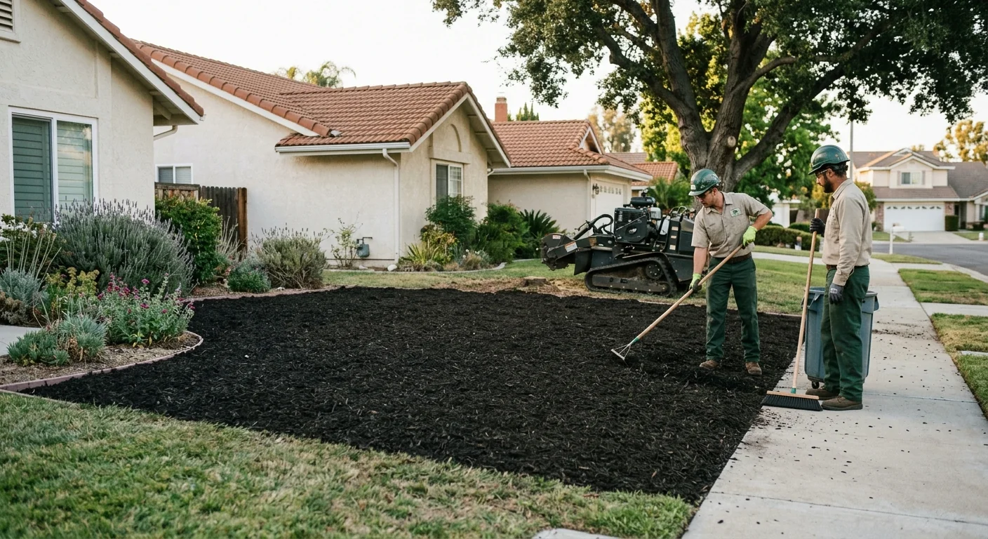 Finished level ground with backfilled mulch after stump removal on a residential lot
