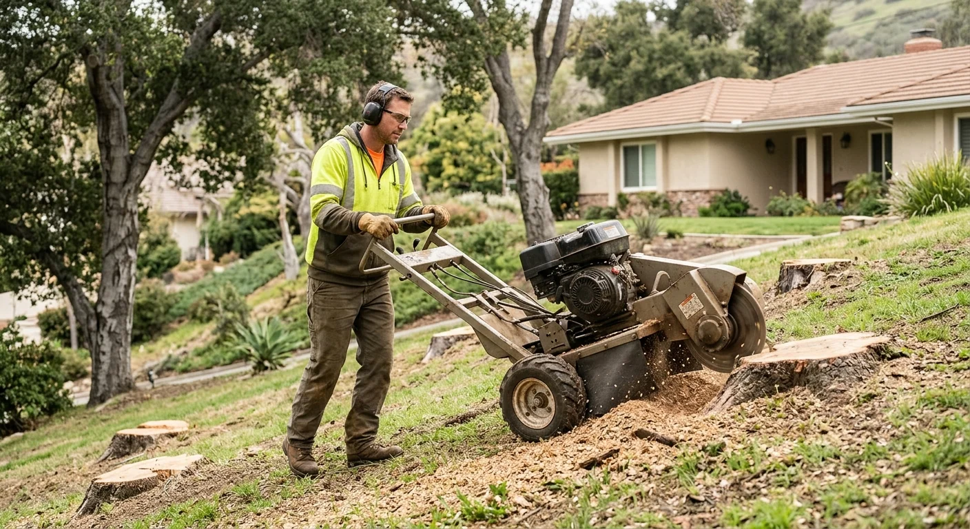 Operator guiding a stump grinder over multiple stumps on a hillside property