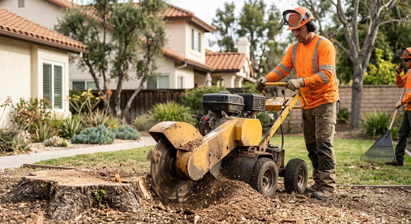 Stump grinder cutting wheel working below grade on a residential lot