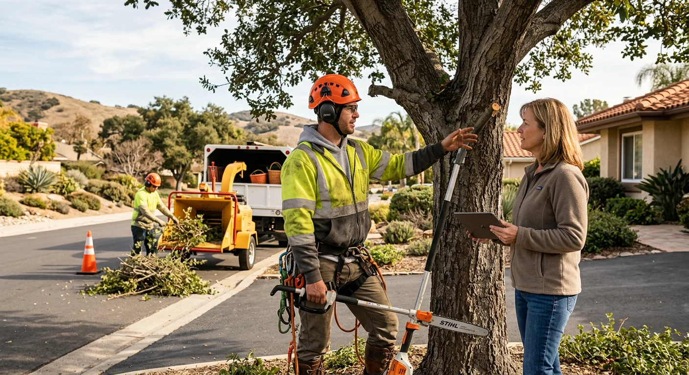 Support cable and brace rod hardware set beside a mature backyard tree