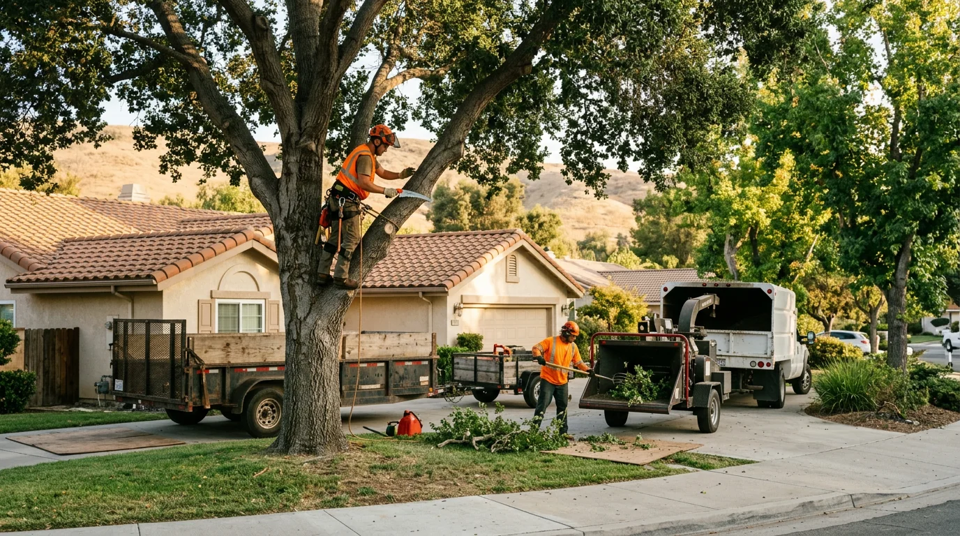 Homeowner reviewing a written tree bracing estimate with a technician