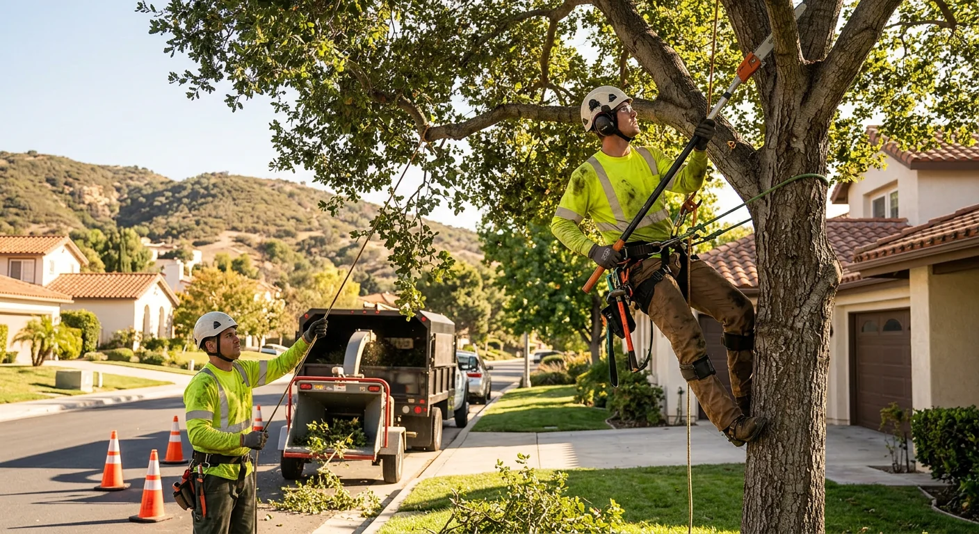 Arborist installing steel support cables in a mature oak in Thousand Oaks