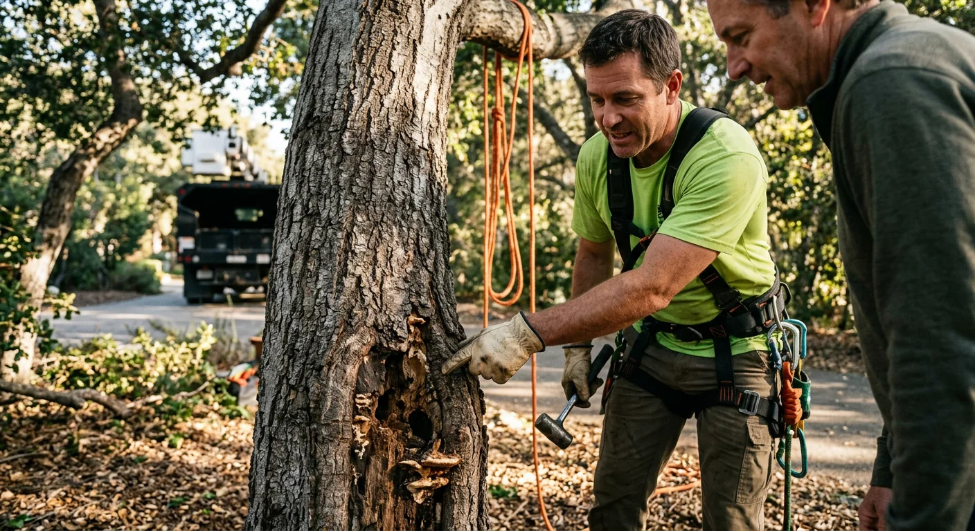Support cable spanning two leaders in a backyard shade tree