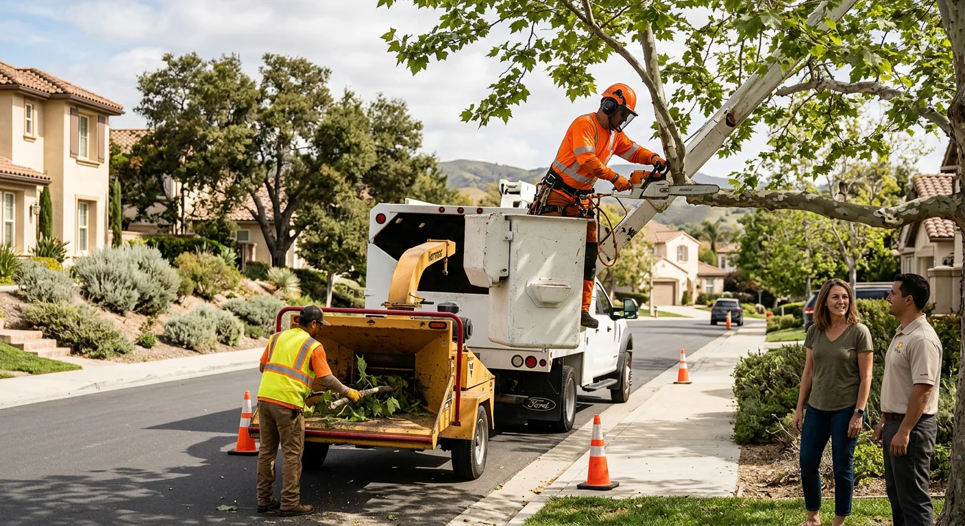 Arborist installing steel cabling in a mature oak canopy in a Thousand Oaks yard