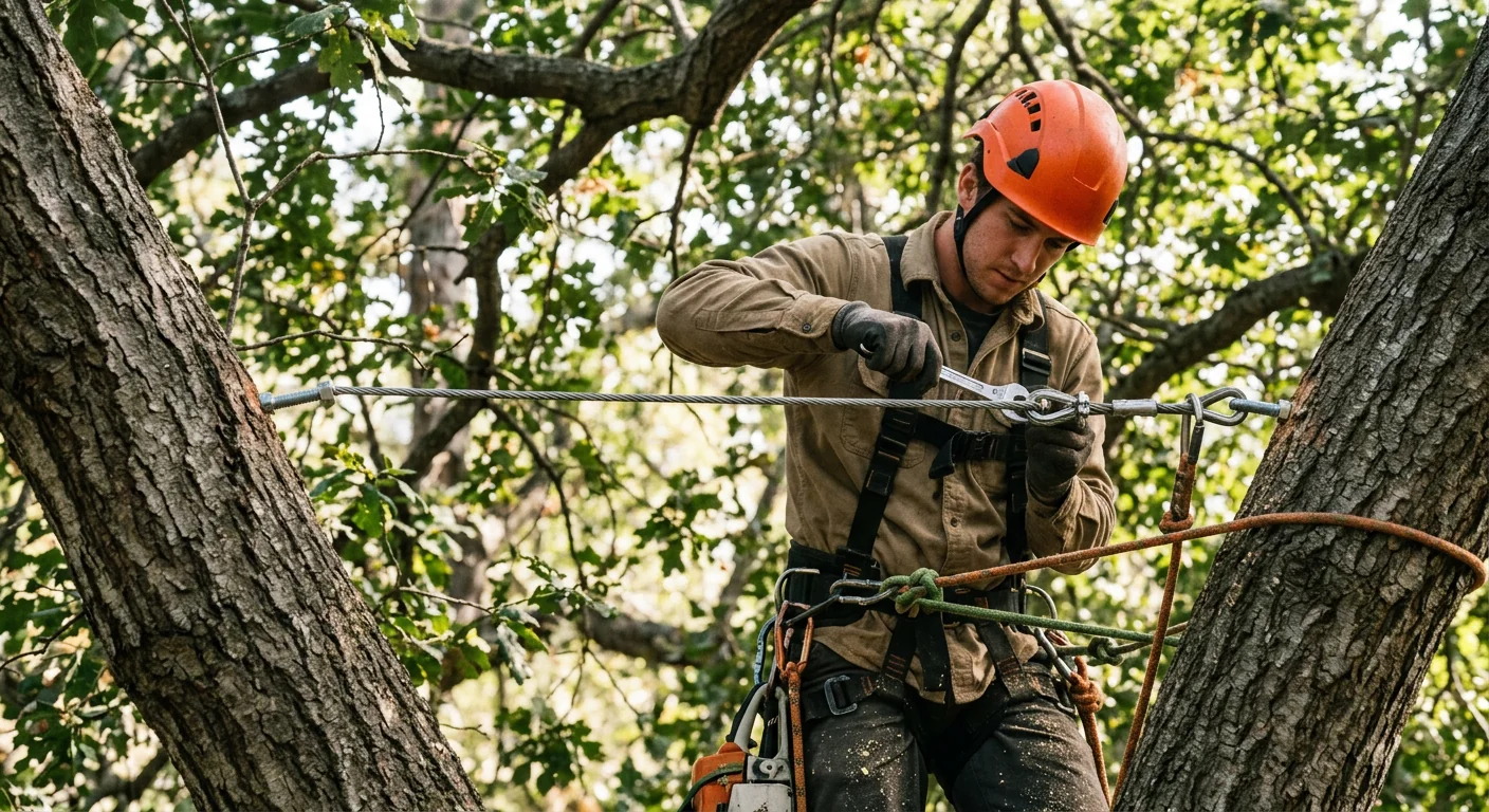 Close-up of steel cable installed between two oak limbs high in the canopy