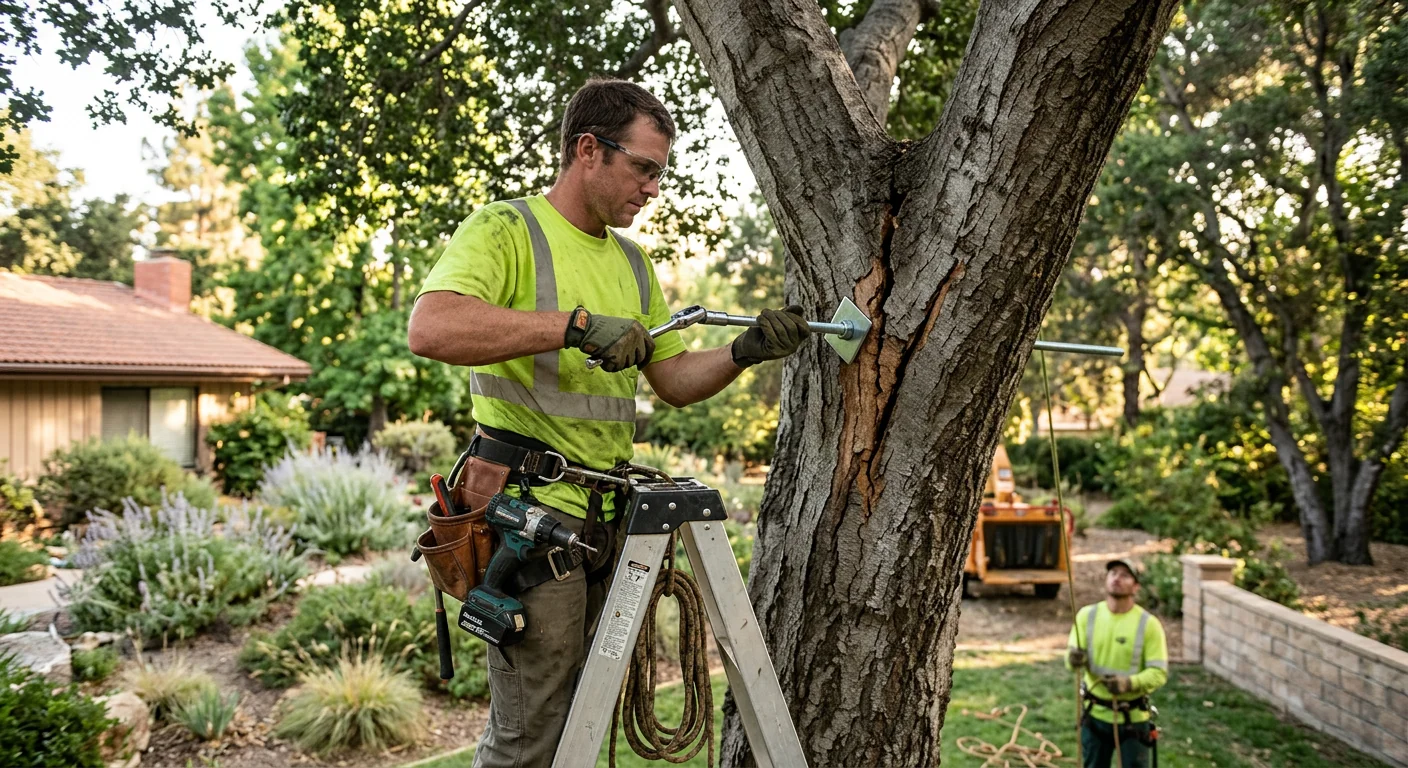 Arborist tightening a bracing rod through a cracked trunk union on a shade tree