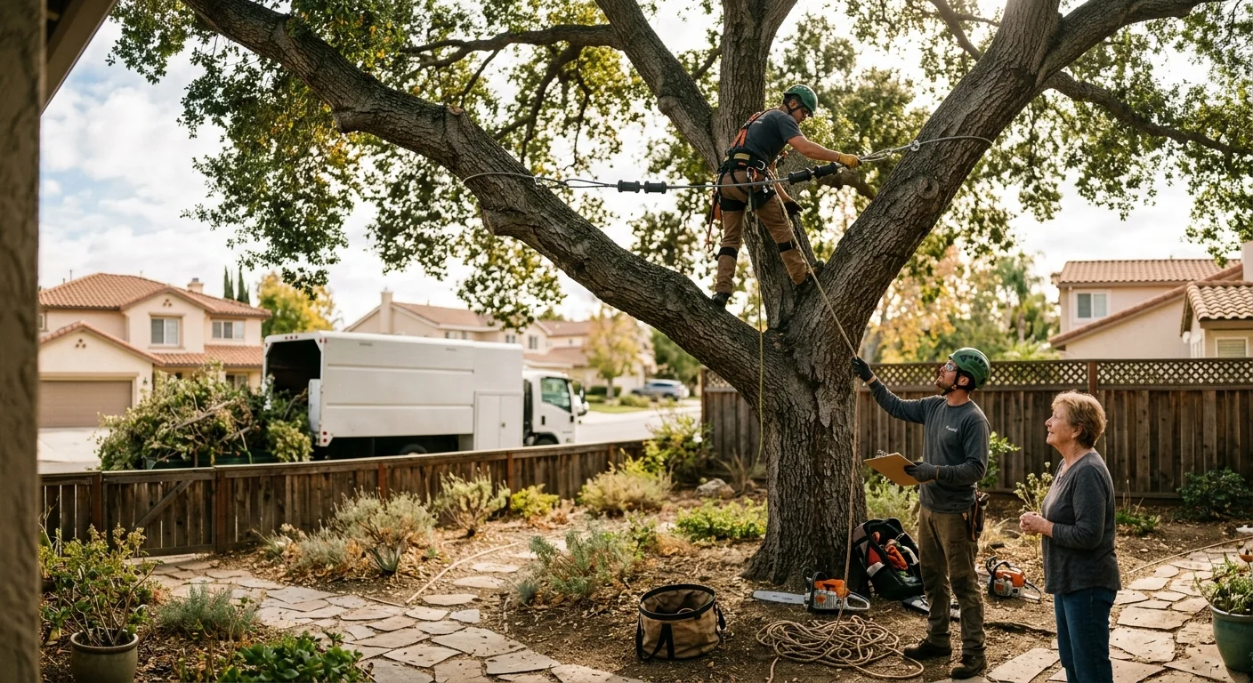 Wide shot of a mature oak supported by cabling in a Thousand Oaks backyard