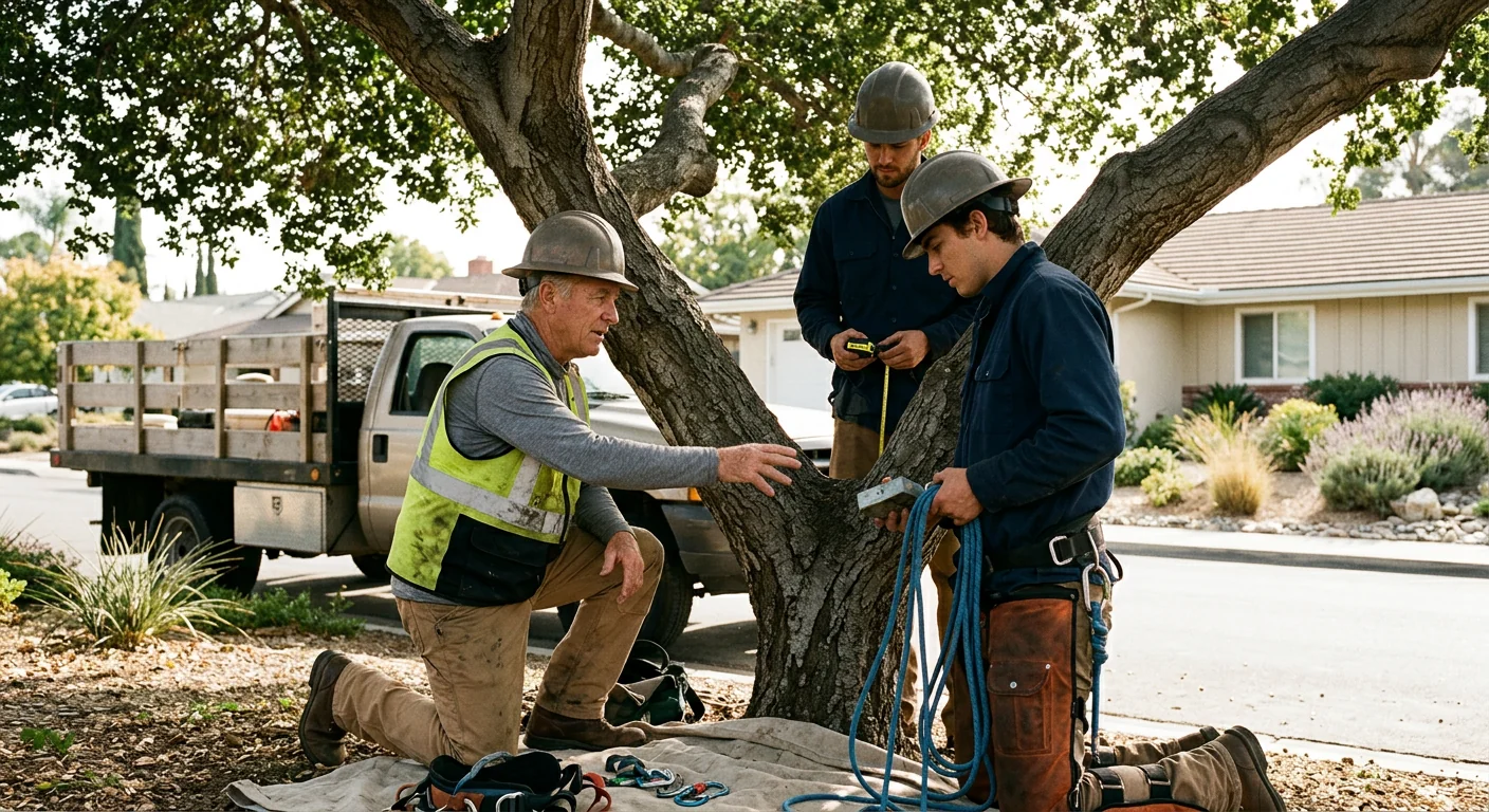 Ground crew reviewing support points on a large tree before hardware install