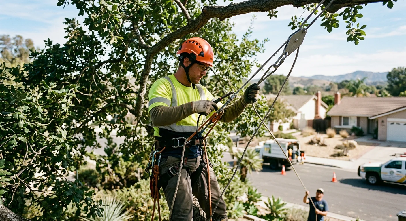 Climber positioned on ropes threading cable through the upper canopy