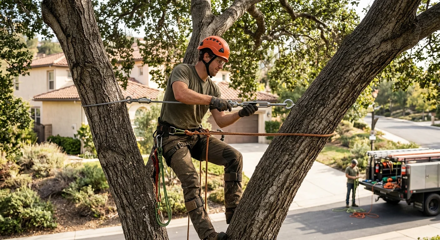 Steel cable anchored between two limbs of a large residential tree