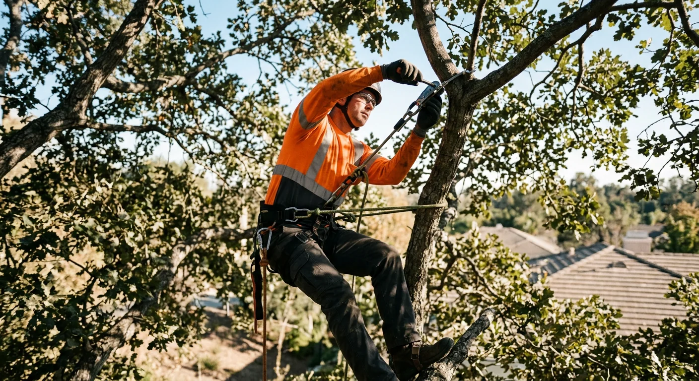 Crew member climbing to set bracing hardware in a tall canopy