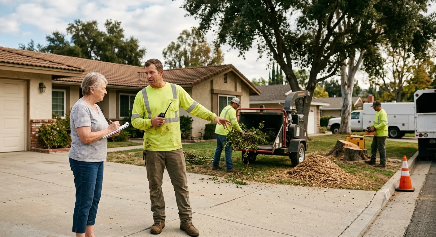 Arborist reviewing a written tree care estimate with a homeowner outdoors