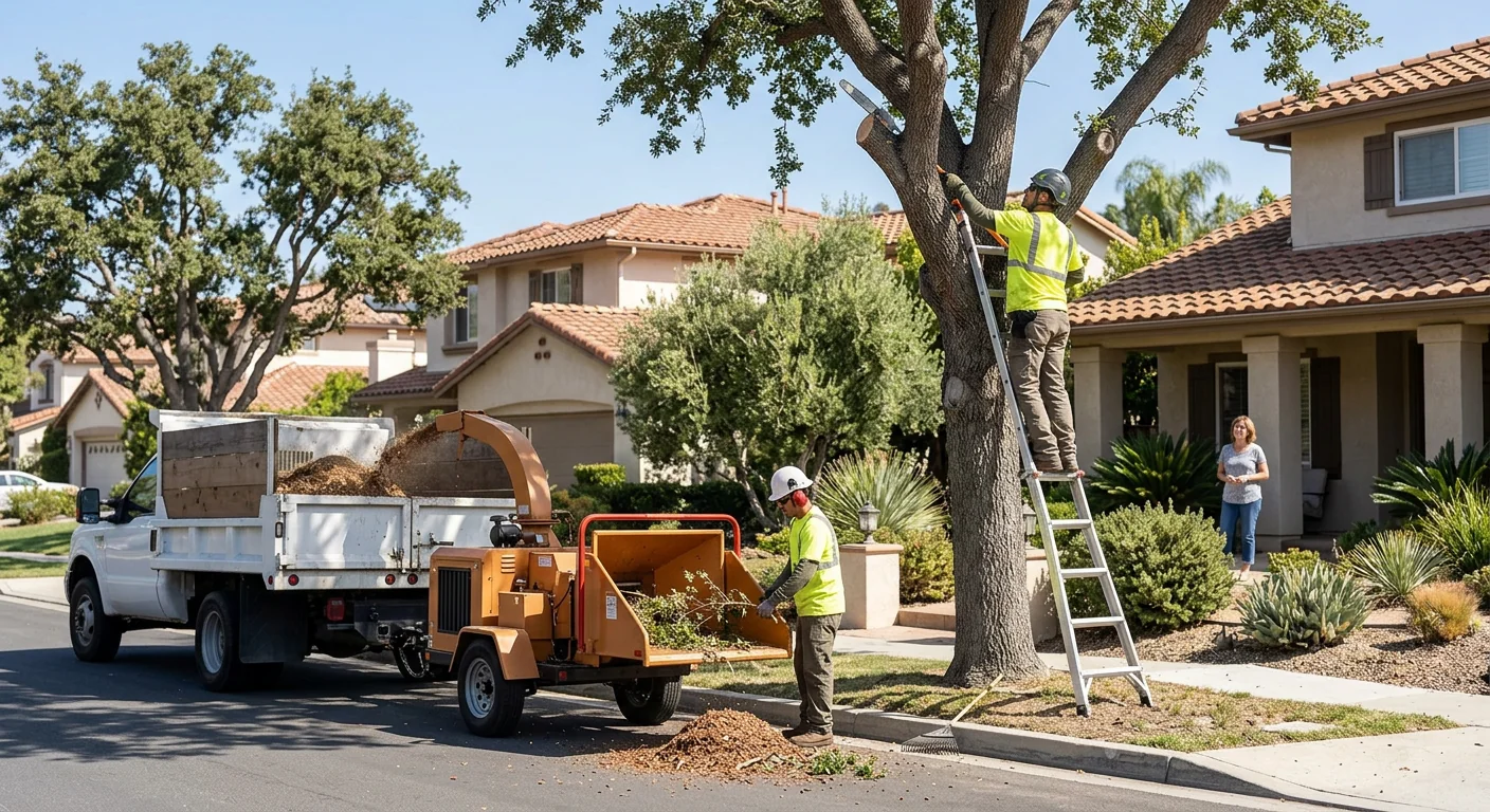 Arborist inspecting healthy backyard tree canopy in Thousand Oaks neighborhood