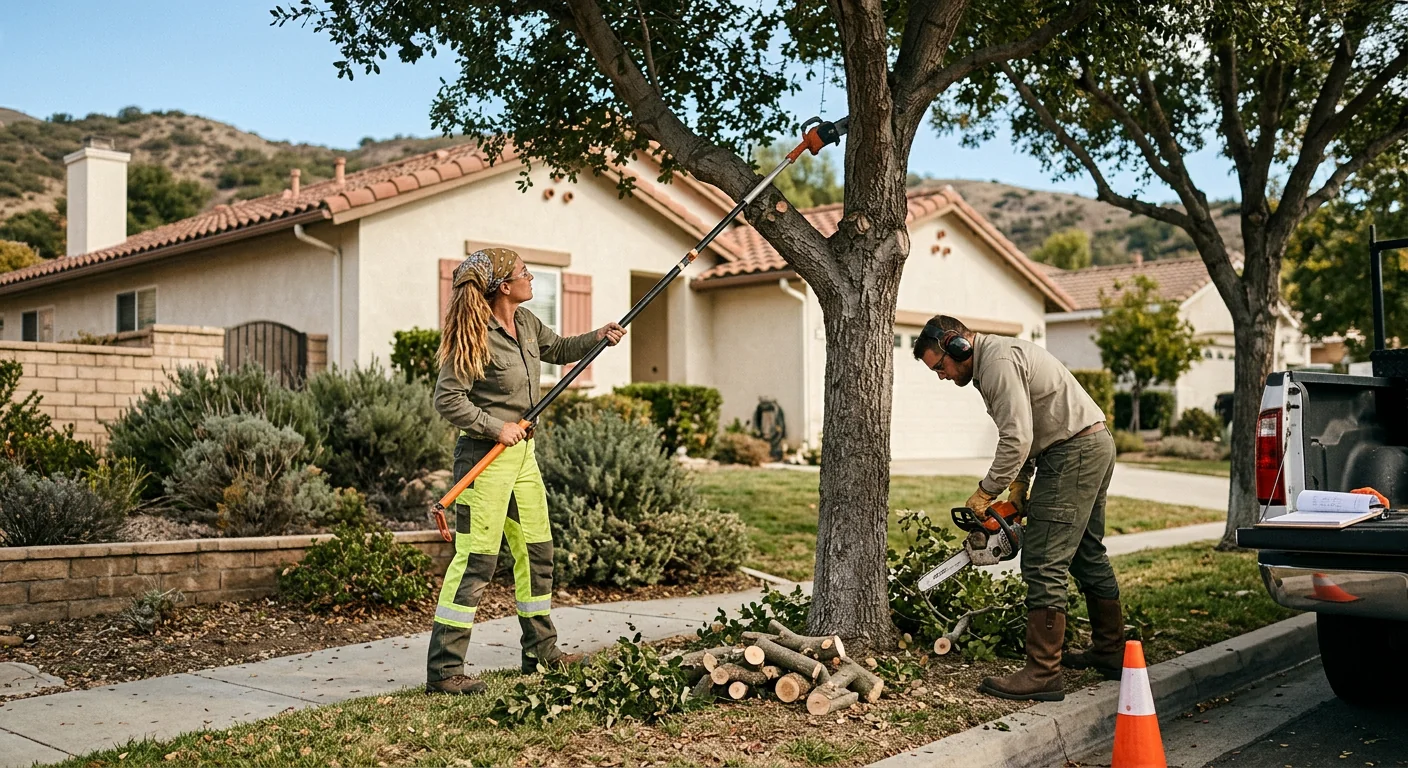 Arborist inspecting a mature oak canopy on a Thousand Oaks residential property