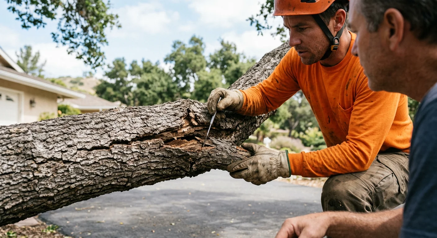 Arborist checking trunk base for fungal decay during a health inspection