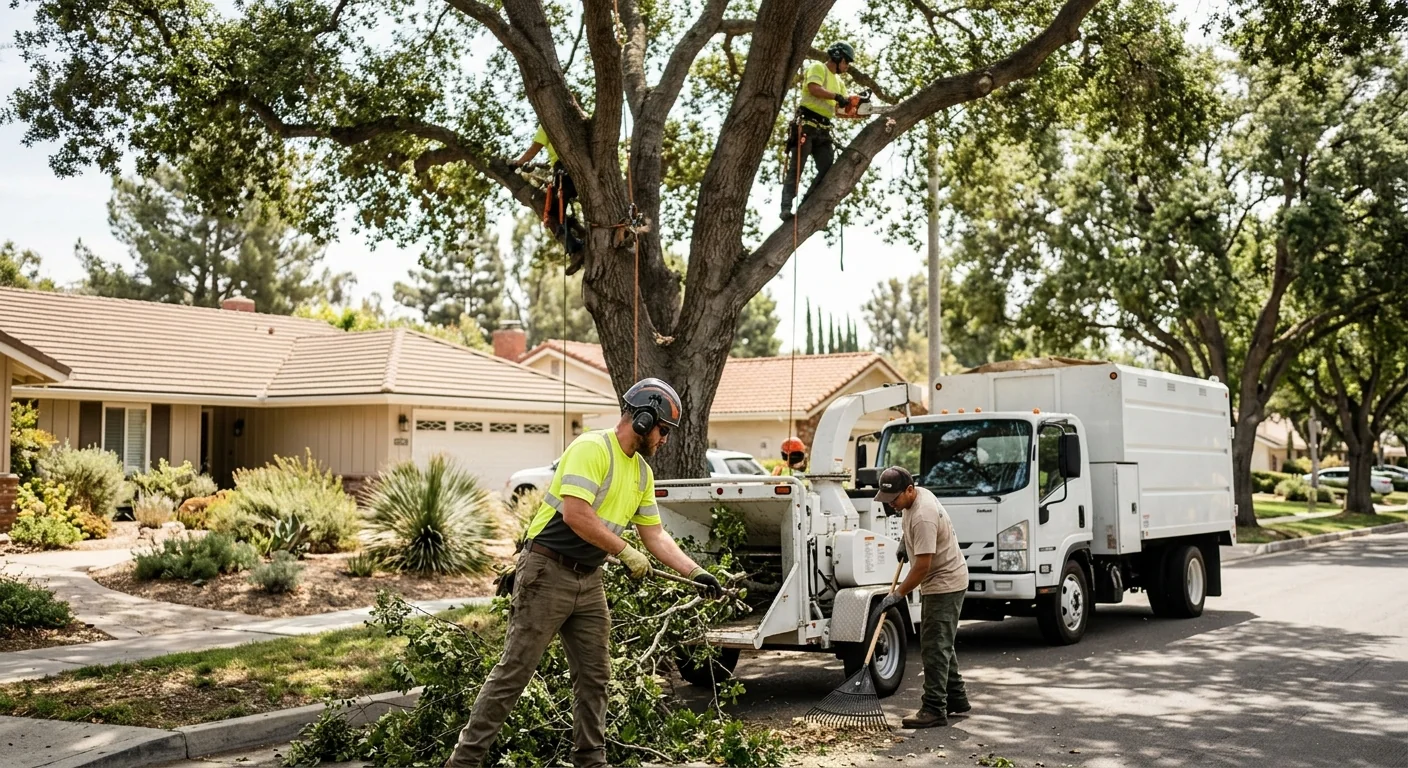 Arborist inspecting canopy foliage and soil around a mature oak in Thousand Oaks