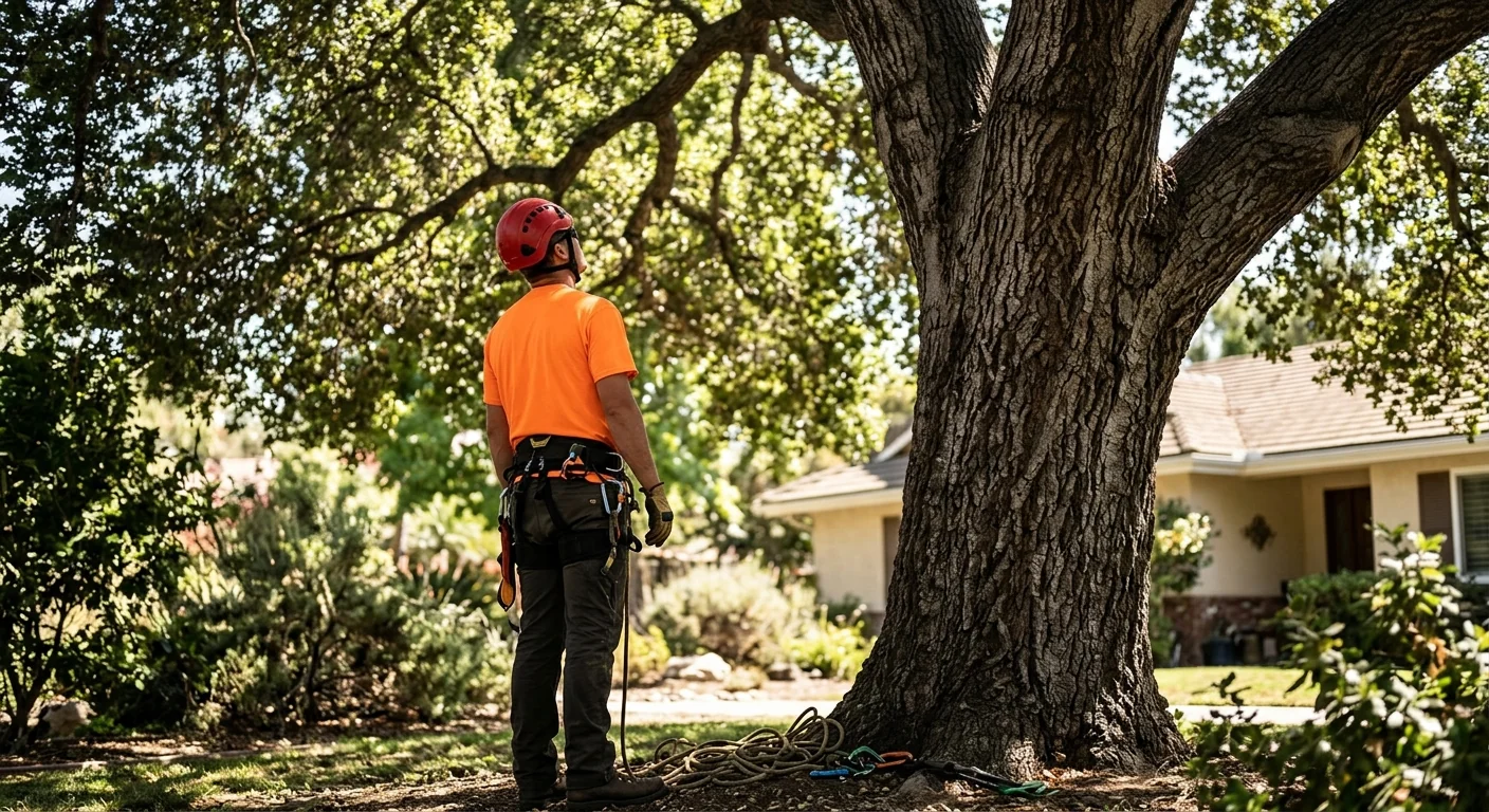 Arborist inspecting mature oak canopy for early disease signs in a Thousand Oaks backyard