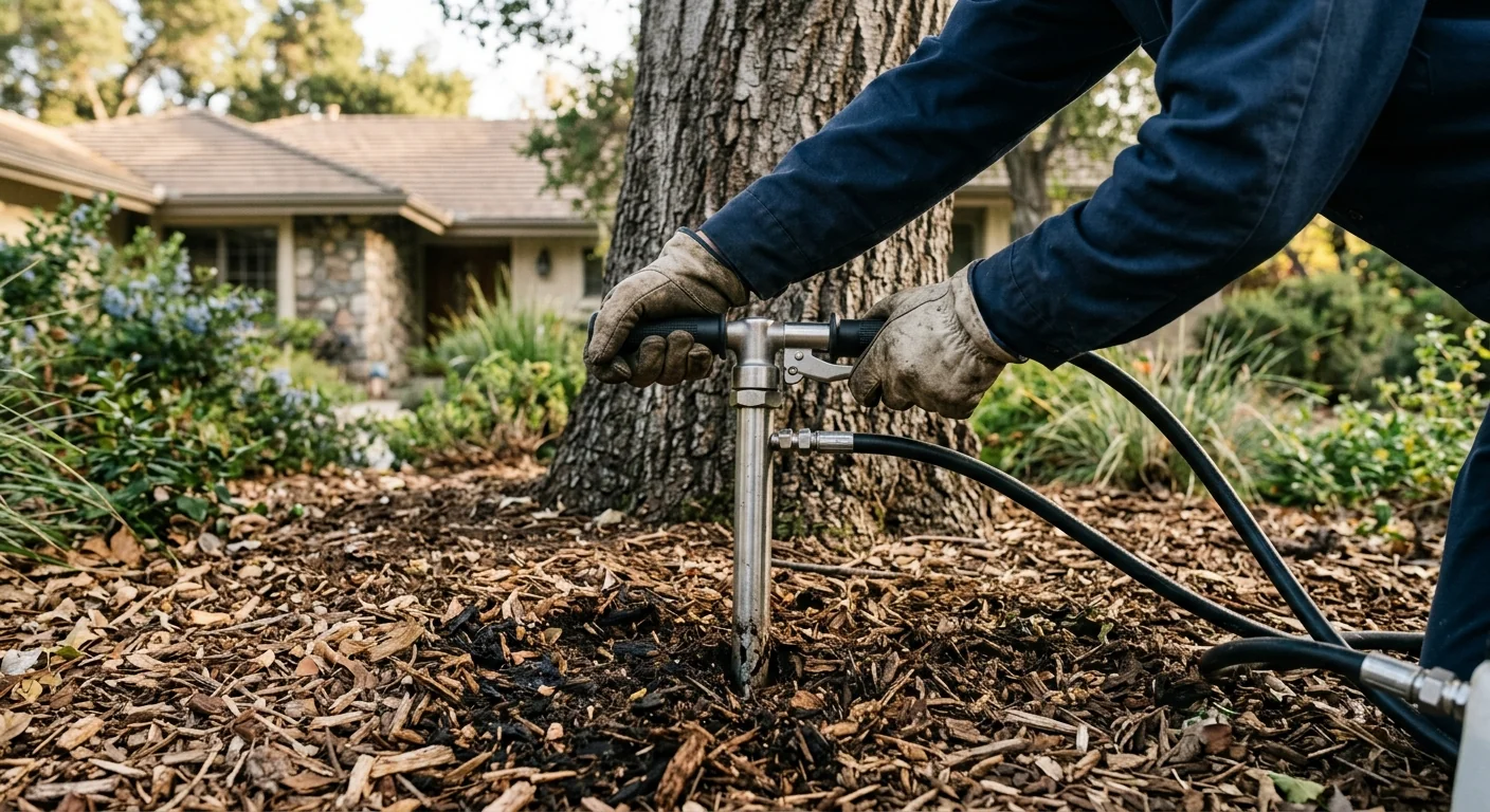 Close-up of deep-root fertilization probe treating soil beneath a residential tree