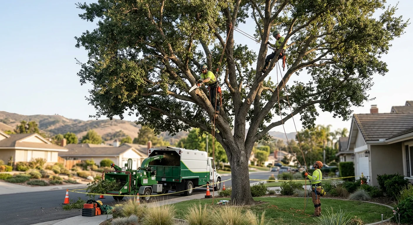 Wide view of crown thinning work on a large shade tree in a Thousand Oaks yard