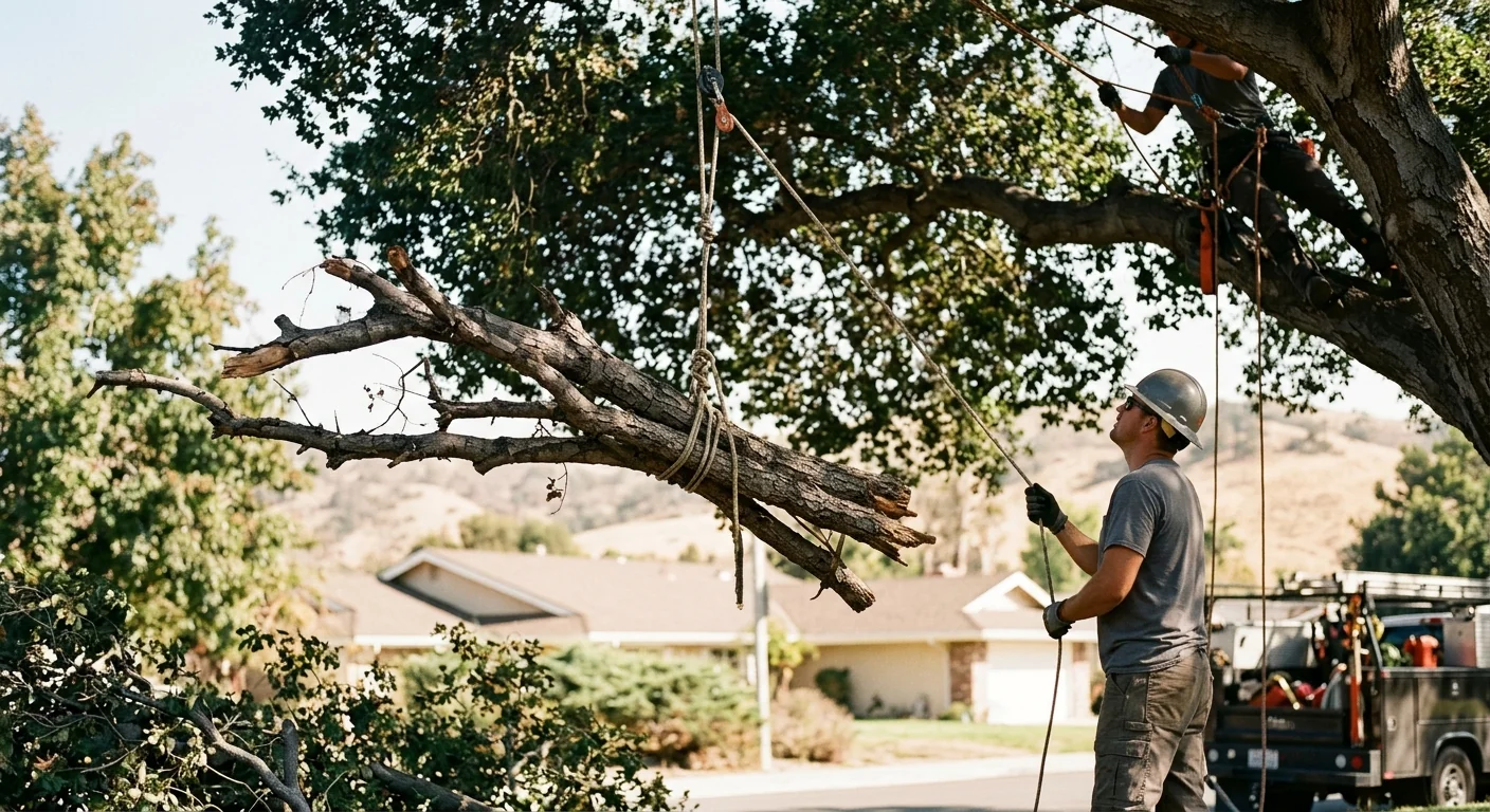 Deadwood branches being removed from an upper canopy during a maintenance visit