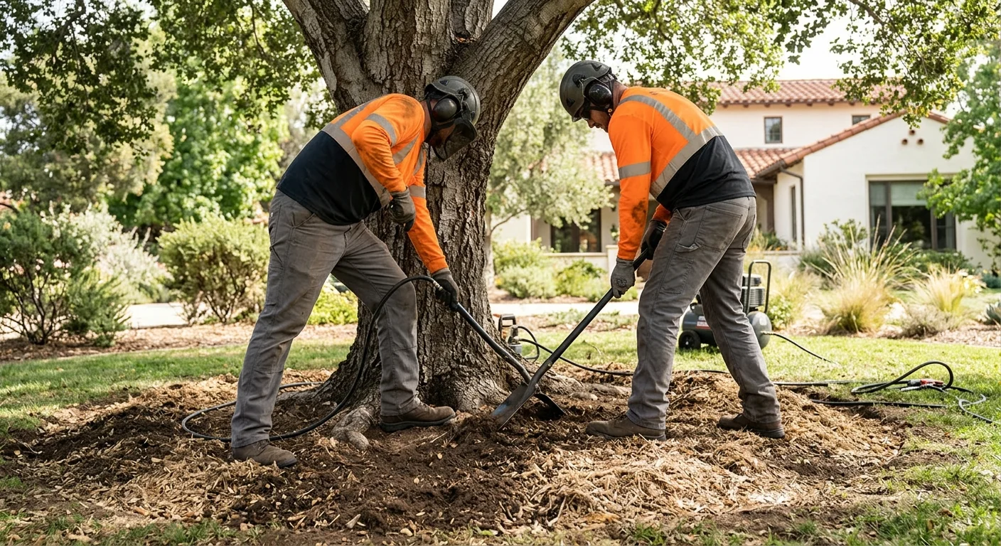 Soil aeration equipment in action around the root zone of a landscape tree