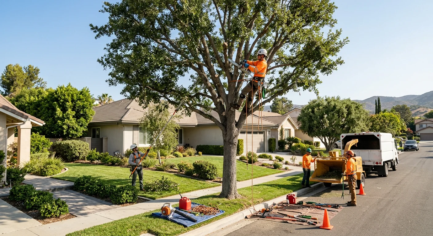 Finished result of a healthy trimmed tree with balanced canopy in a suburban yard