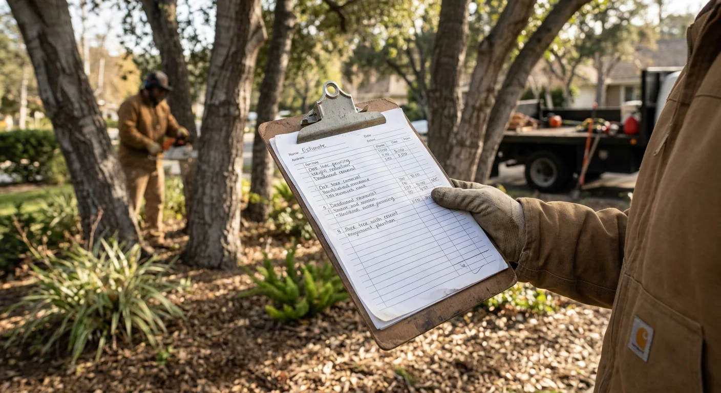 Maintenance crew reviewing a written estimate on a clipboard beside property trees