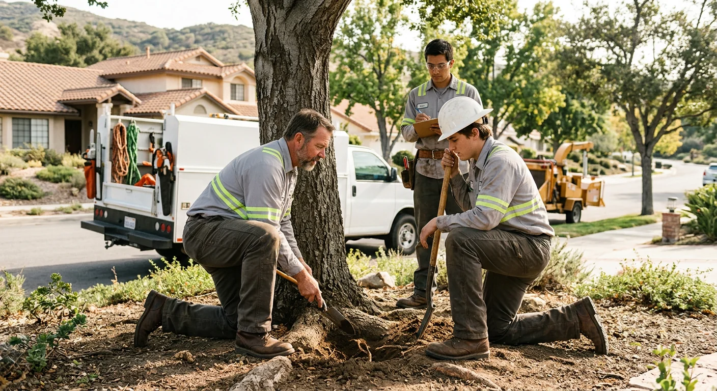 Crew inspecting soil and root zone health during a maintenance visit