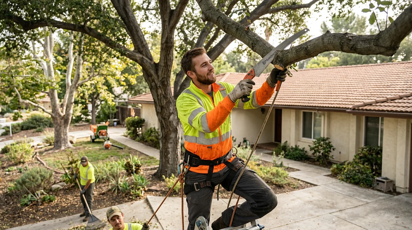 Homeowner reviewing tree placement plan with a local planting crew