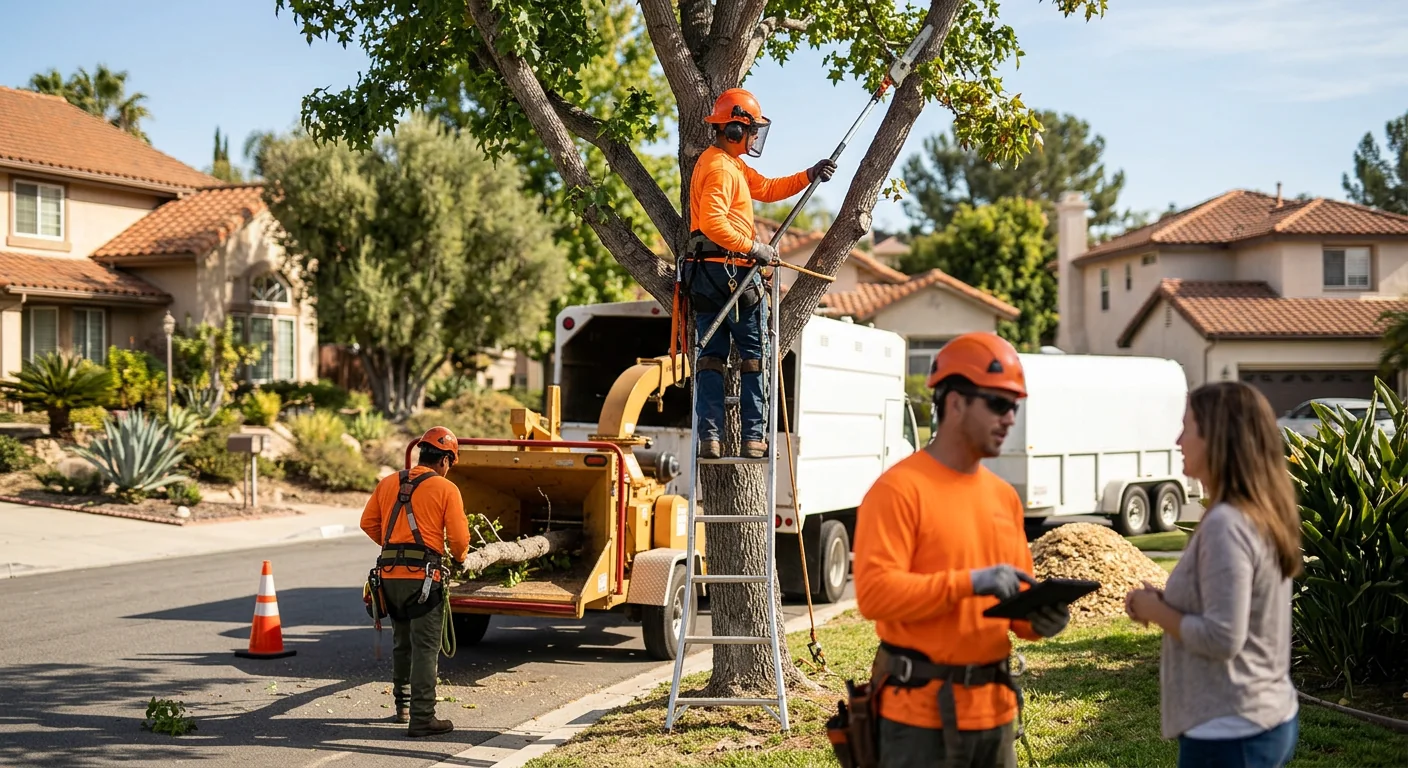 Arborist setting a young tree root ball into prepared soil on a Thousand Oaks lot