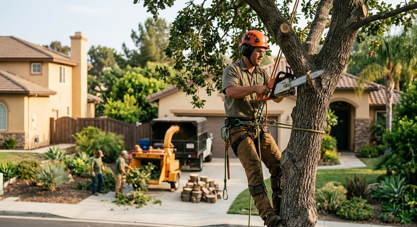 Arborist positioning a young shade tree in a prepared planting hole in a residential yard