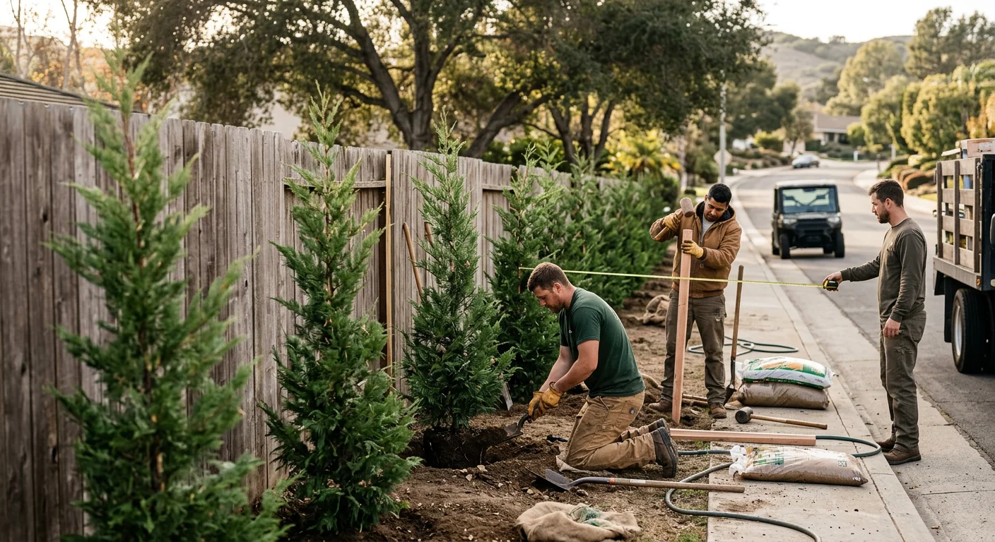 Wide shot of a row of young privacy trees along a residential fence line