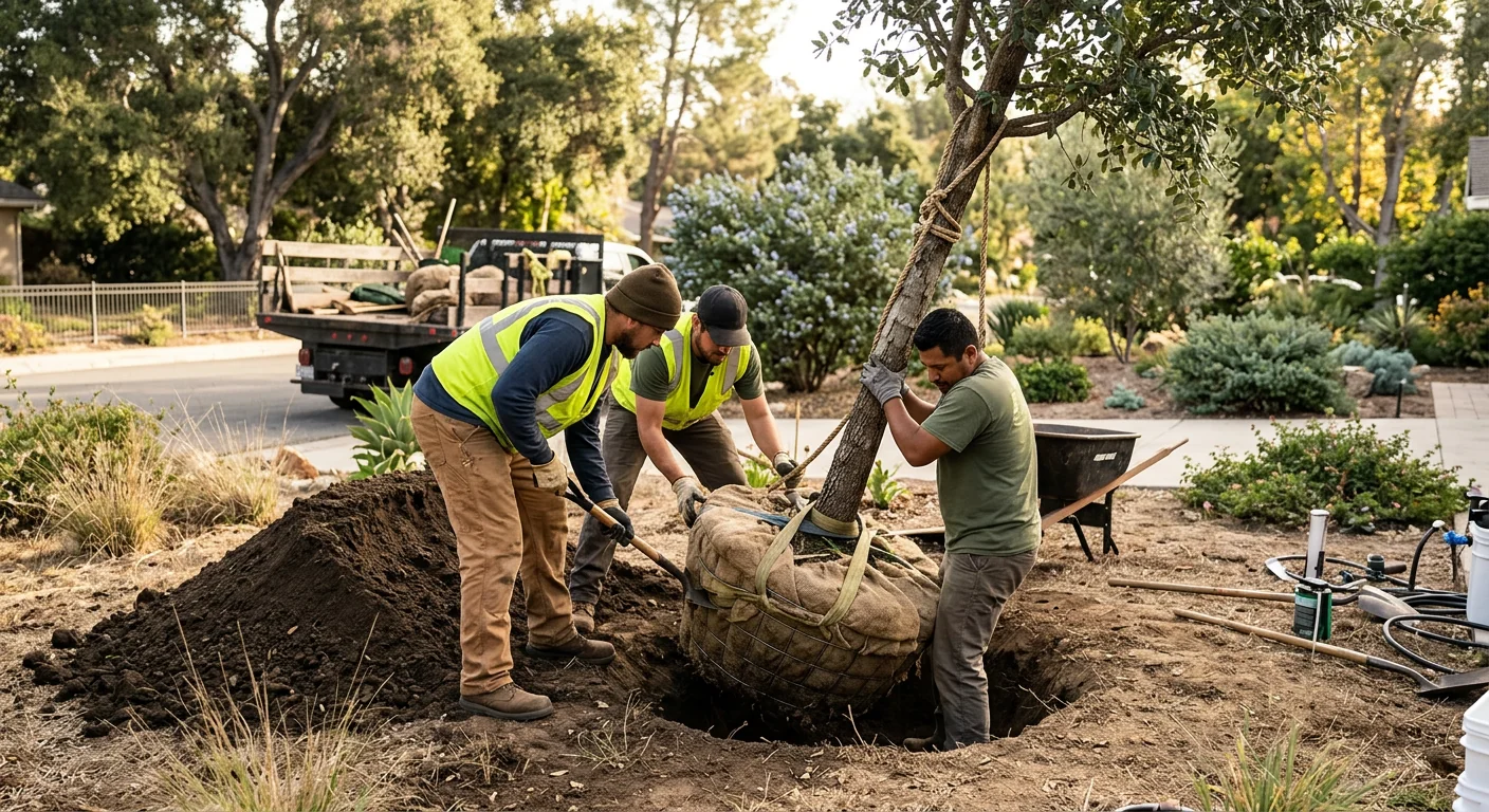 Crew placing a balled-and-burlapped tree into a prepared planting hole