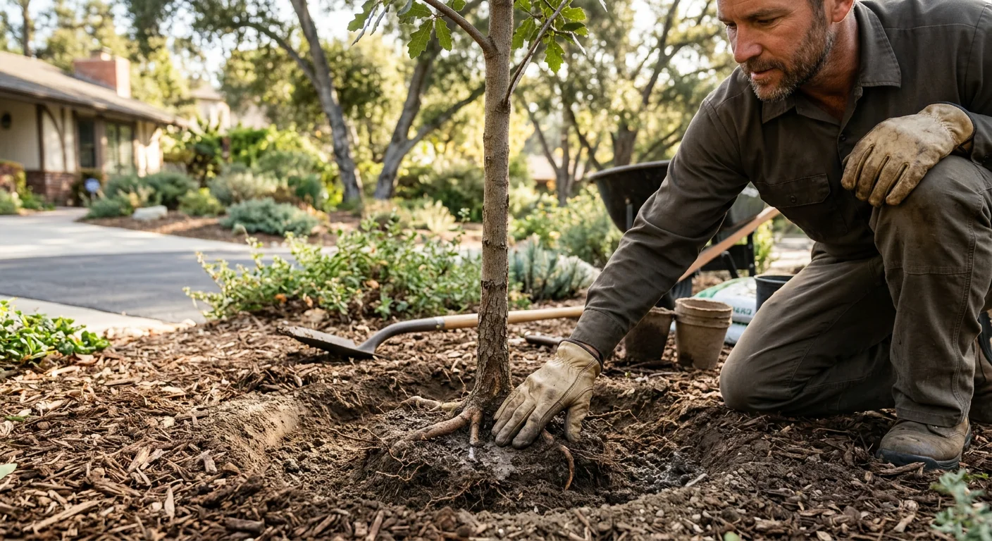 Hand tamping soil around the root flare of a newly set container tree